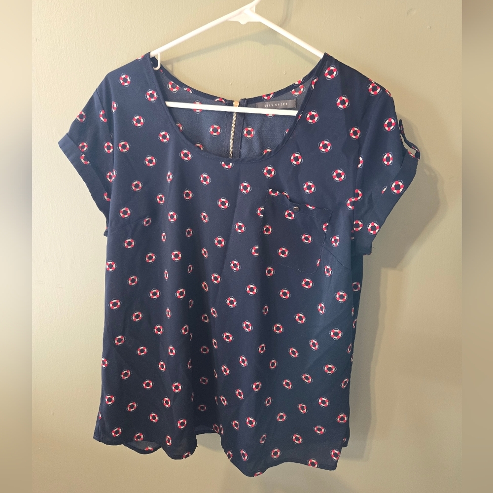Suzy Shier Blue Blouse with Pink Pattern Short Sleeve Relaxed Fit
